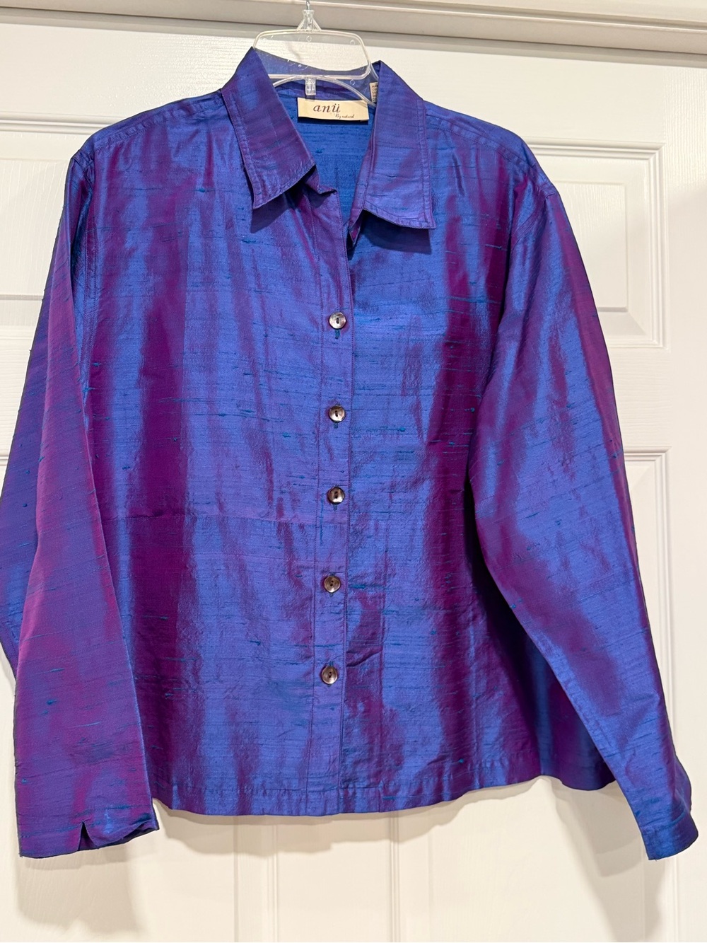 Anu 100% Silk Dupioni Iridescent Purple Blue Button-Front Blouse Size XL #702